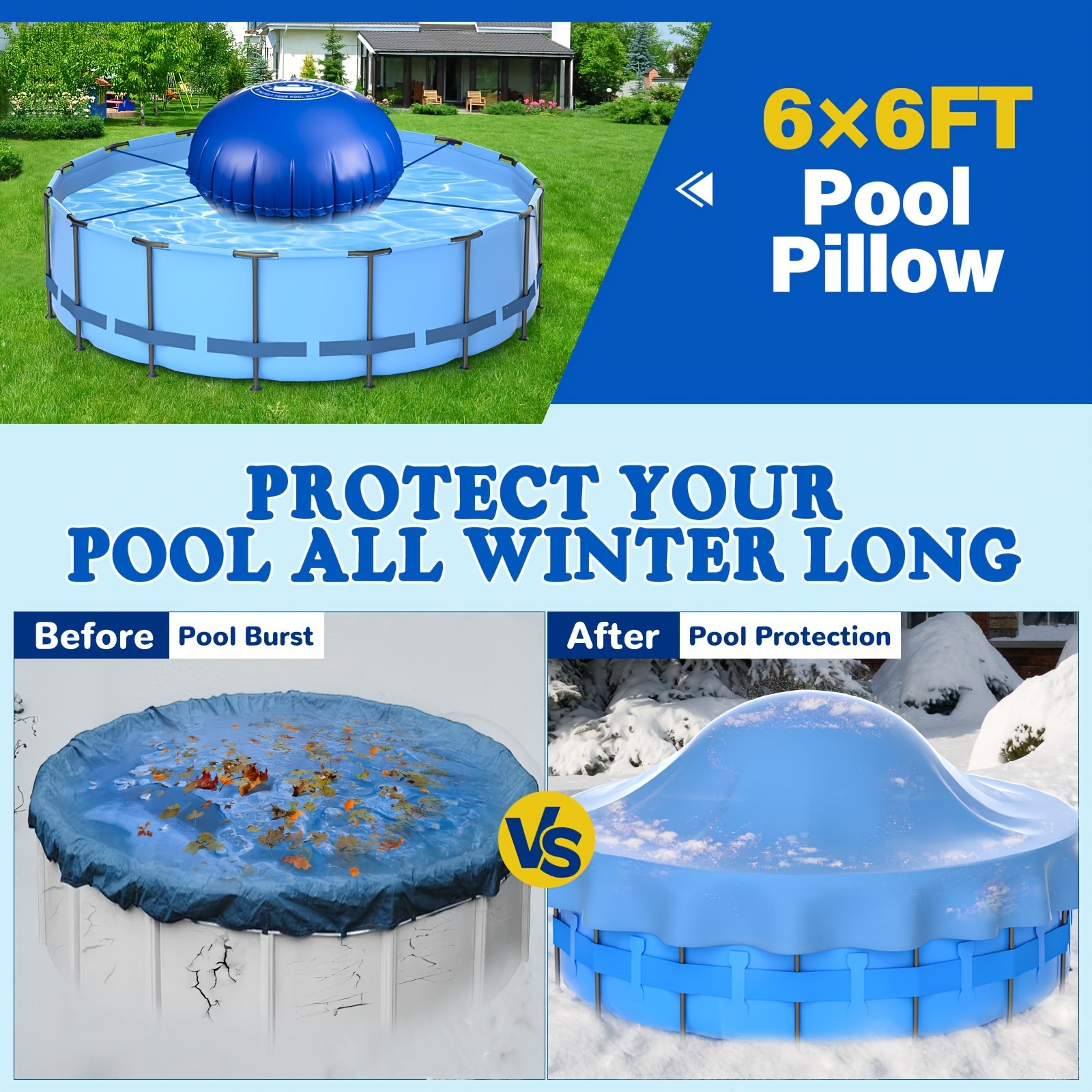 Pool Pillow for Above Ground Pool Winter Cover Air Pillow 0.5mm Thick PVC Cold-Resistant Ice Equalizer with 49.2ft Rope – Winterizing Closing Kit 5FT 6FT 7FT 8FT for Above Ground Pools