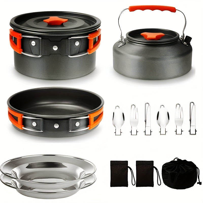Portable Camping Cookware Set for 2-3 People - Pot Frying Pan Kettle with Cutlery - Foldable Space-Saving Outdoor Cooking Kit for Camping Hiking Backpacking - Lightweight Camp Kitchen Set
