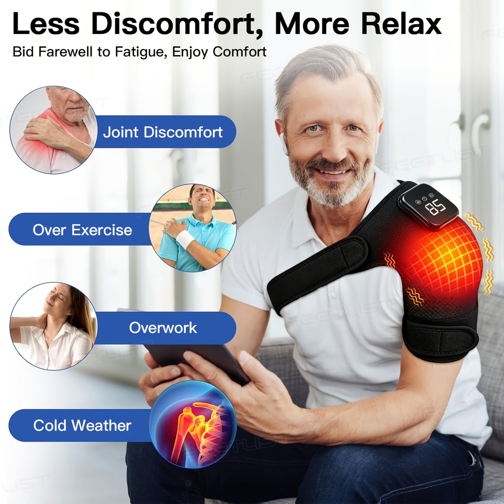 Cordless Heated Shoulder Massager with Vibration - Heating Pad for Shoulder, Elbow & Knee Pain Relief, 3 Heat Levels, 3 Vibration Modes, LED Touch Screen, Gift for Parents & Seniors