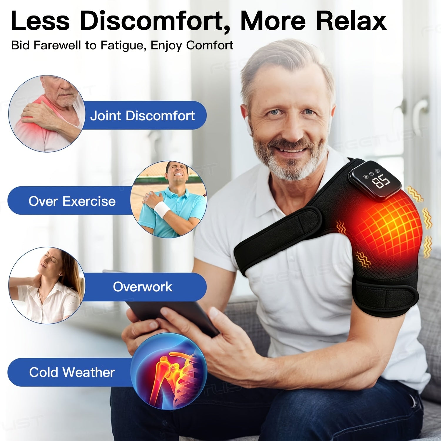 Cordless Heated Shoulder Massager with Vibration - Heating Pad for Shoulder, Elbow & Knee Pain Relief, 3 Heat Levels, 3 Vibration Modes, LED Touch Screen, Gift for Parents & Seniors