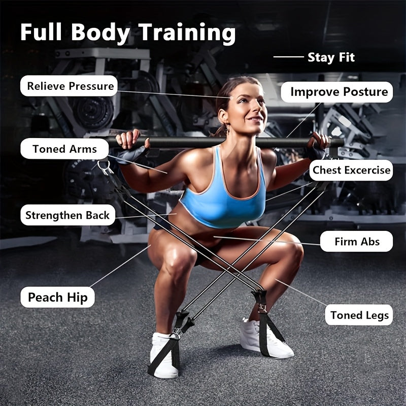 Pilates Bar Kit 8-Piece with 4 Resistance Bands 150 LBS – Portable Home Gym Fitness Set with Ankle Straps & Drawstring Backpack for Men & Women, Full Body Workout Equipment