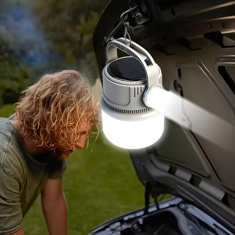 Solar Camping Lantern 6 Modes LED Rechargeable with USB Power Bank, Portable Outdoor Camp Light with Hook SOS Strobe Type-C Charge for Tent Hiking Mountaineering Emergency Preparedness