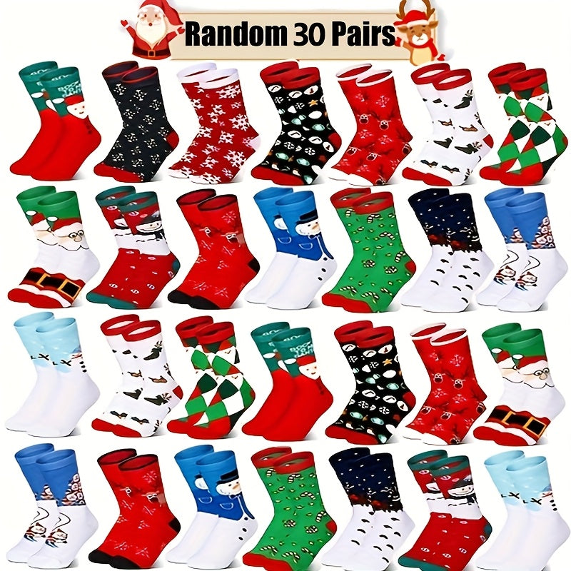 Christmas Socks 30 Pairs Bulk Set – Funny Novelty Holiday Socks with Reindeer Snowflakes Santa Claus Christmas Tree Gingerbread Patterns, Warm Unisex Gift for Men & Women