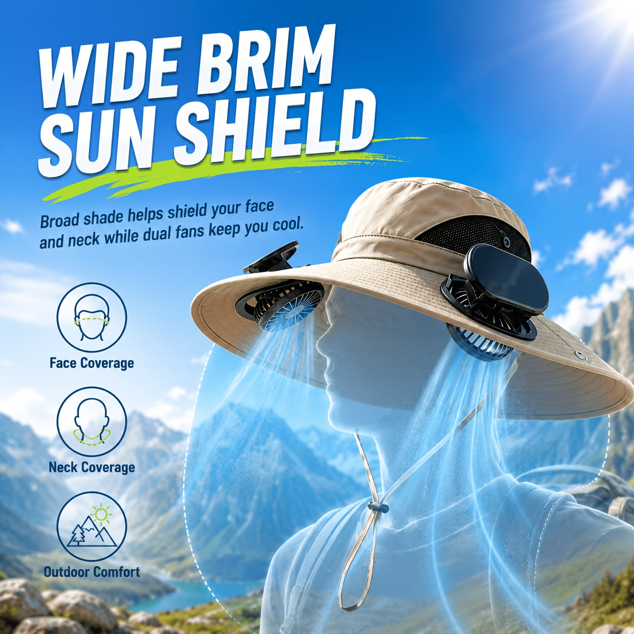Solar Fan Hat with Dual Cooling Fans – Breathable Wide Brim Sun Hat for Men & Women, Adjustable Speed, UV Protection for Farming Gardening Hiking Outdoor Summer Work