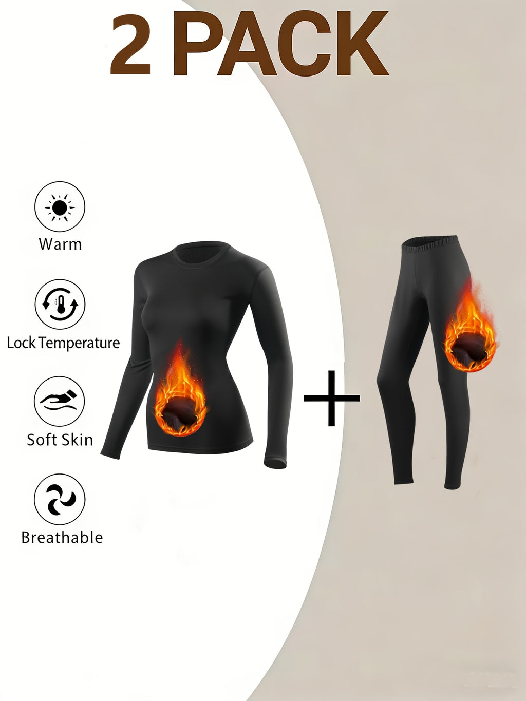 Women's Thermal Underwear Set 2-Piece – Compression Base Layer Lined Leggings & Top for Winter Sports Skiing Yoga Cycling, Soft Knit 90% Polyester, Black, S-XXL