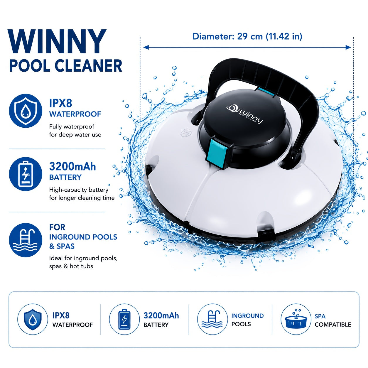 Cordless Robotic Pool Vacuum Cleaner 80-Min Battery – Dual Motor Strong Suction Auto Cleaning for Above Ground Flat Floor Round Oval Rectangular Pools Up to 30ft WINNY 200 SE
