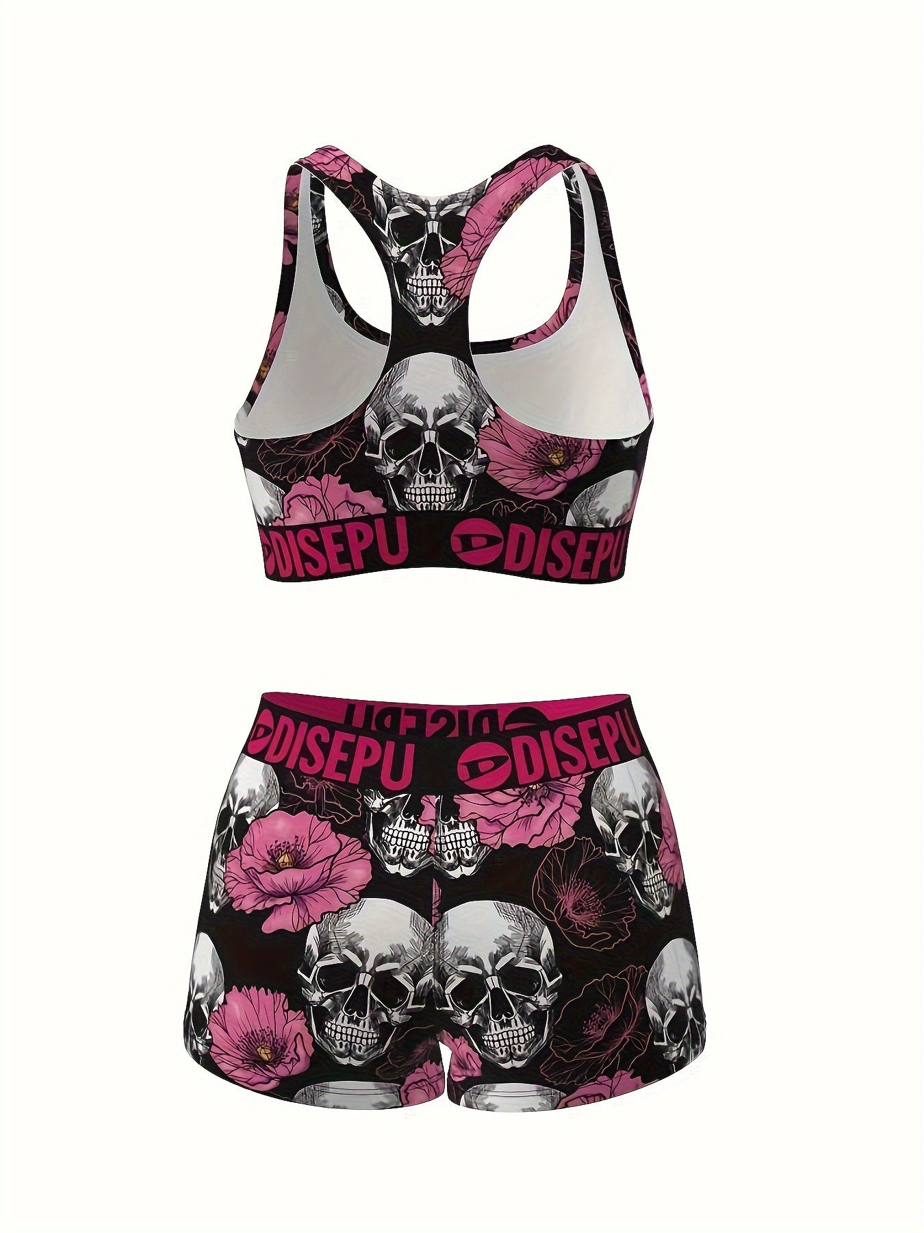 Women's Skull & Pink Flower Print Sports Bra and Shorts Set – 2-Piece Gothic Floral Activewear for Gym Yoga Running Halloween Workout High Stretch Breathable S M L XL XXL