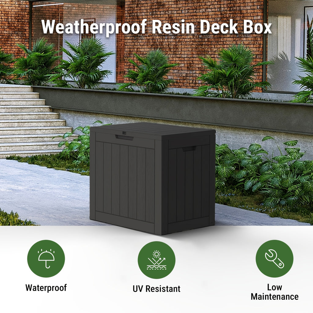 35 Gallon Outdoor Storage Deck Box – UV & Waterproof Lockable Resin Organizer for Patio Furniture, Garden Tools & Toys | Wood Grain & Rattan Style, Indoor Outdoor Use