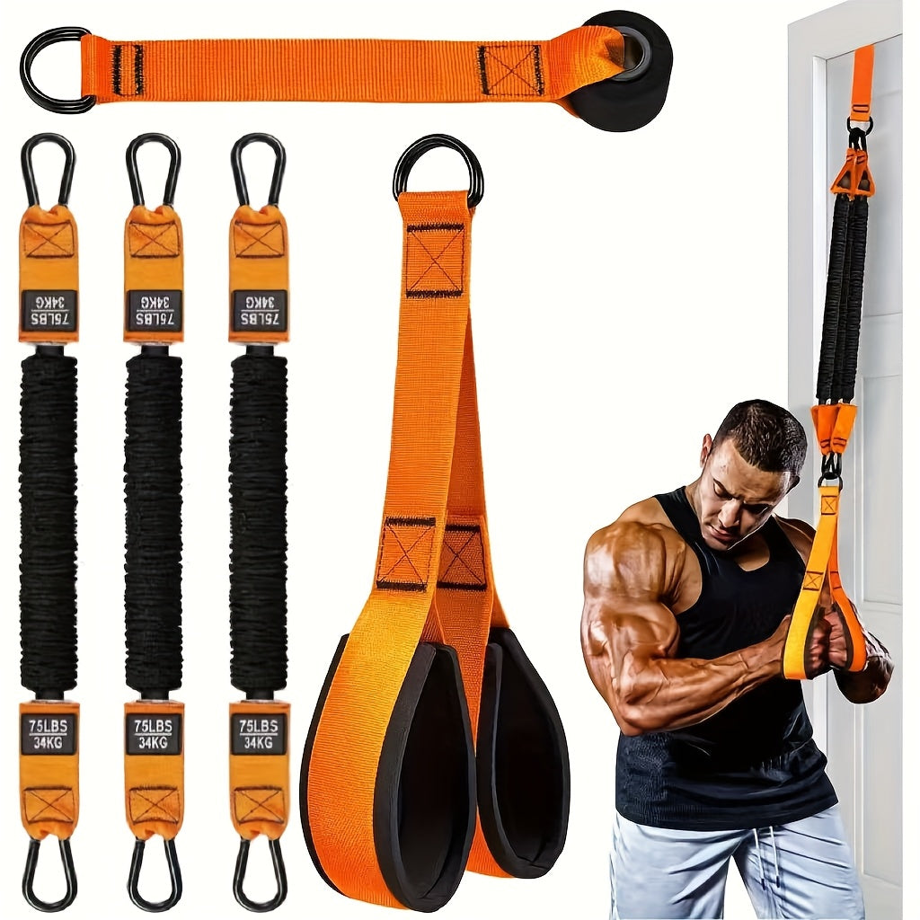Resistance Bands Set 5-Piece 225lbs Heavy Duty Latex with Door Anchor Handle – Lat Pulldown Face Pull Bicep Curl Tricep Pushdown Shoulder Press Seated Row Home Gym Cable Machine Alternative for Men Women Black Blue Yellow