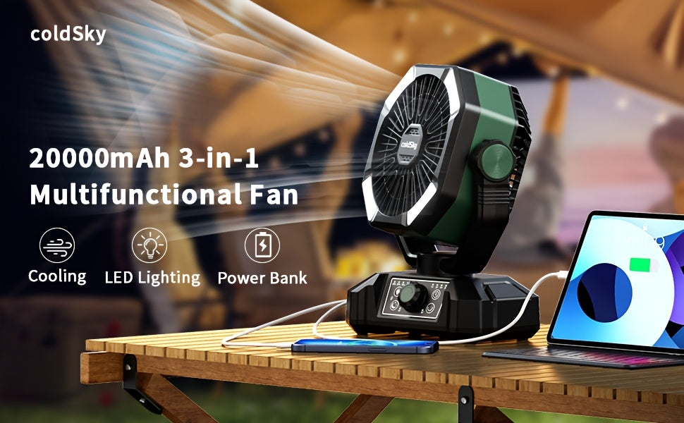 Battery Powered Camping Fan 20000mAh Dual Motor with LED Lantern, 8 Speeds, Remote & Hanging Hook – Tent Fan for Outdoor, RV, Power Outage