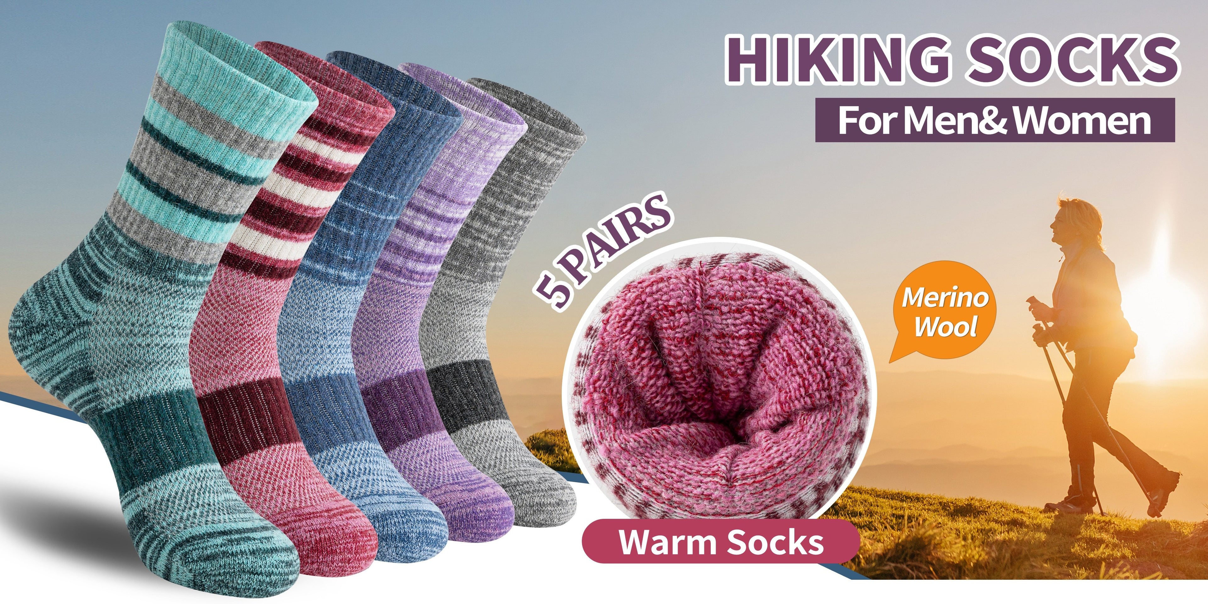 Merino Wool Hiking Socks 5 Pairs Men Women Compression Cushion Breathable Outdoor Trail Running Camping Festival Gift Socks