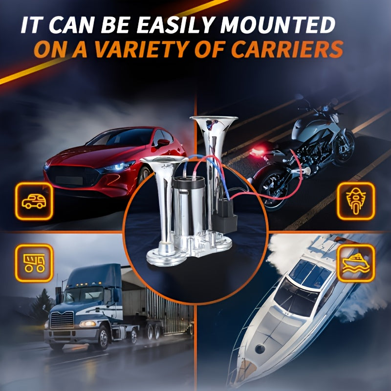 Air Horn Kit 12V 24V Ultra Loud 105-137dB Dual Trumpet Horn with Air Compressor for Truck SUV Motorcycle Boat Train Car Pickup Aluminum Alloy Universal