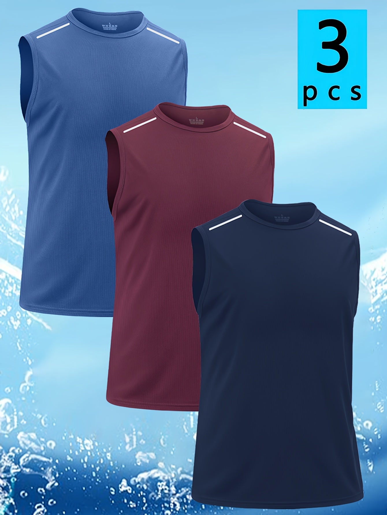 Quick-Dry Sleeveless Workout Tank Tops for Men 3-Pack – Breathable Striped Crew Neck Athletic Vests for Running Gym Cycling S-XXXL Black Grey Navy