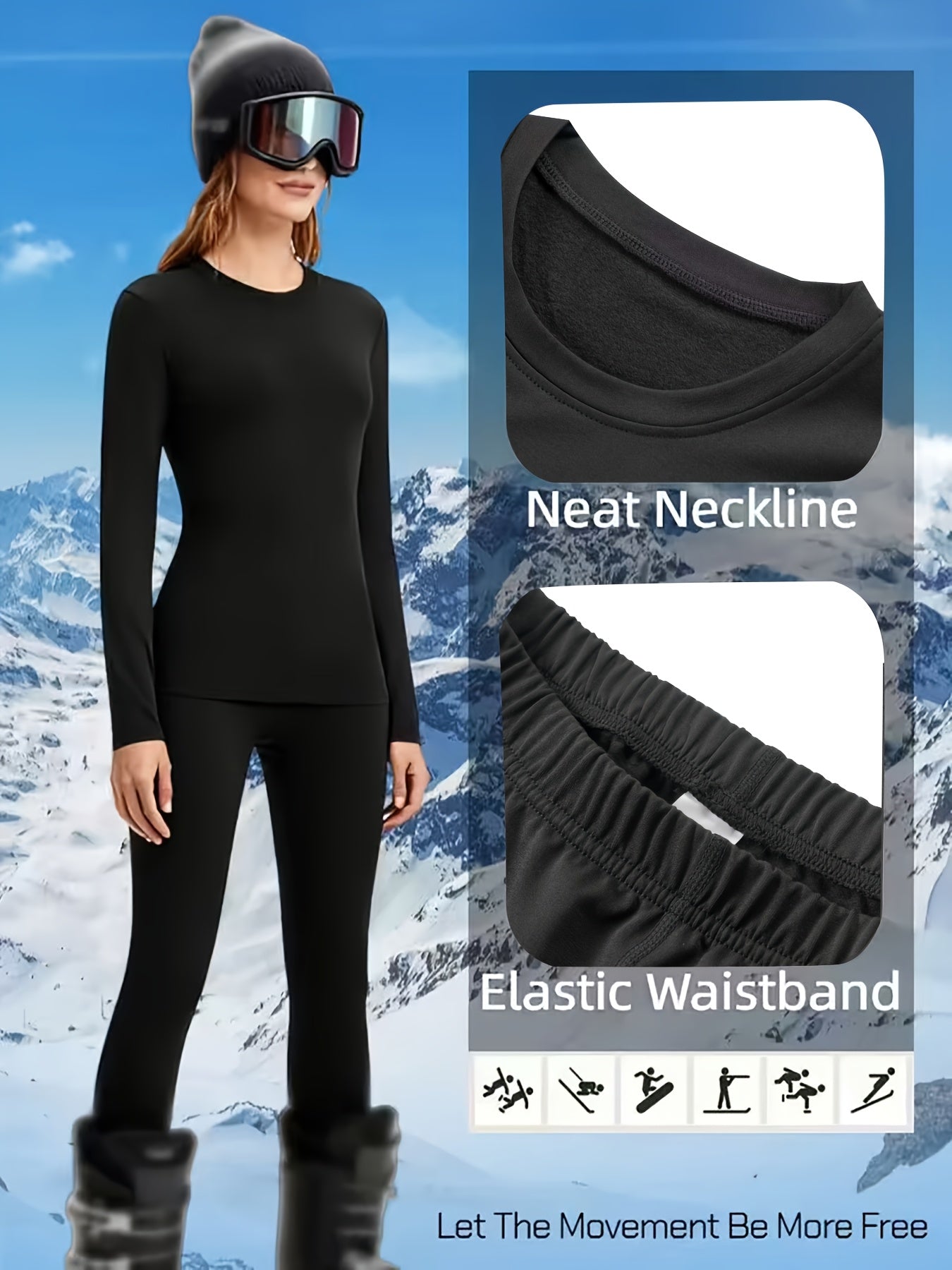 Women's Thermal Underwear Set 2-Piece – Compression Base Layer Lined Leggings & Top for Winter Sports Skiing Yoga Cycling, Soft Knit 90% Polyester, Black, S-XXL