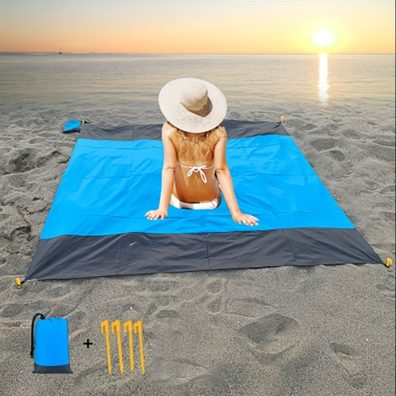 Sandproof Beach Blanket Foldable Mat with 4 Corner Stakes – Lightweight Portable Outdoor Blanket for Beach, Camping, Hiking, Travel & Picnic