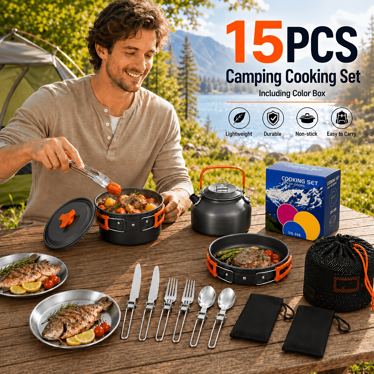 Camping Cookware Mess Kit 14/15 Piece Portable Non-Stick Aluminum Alloy Camp Kitchen Set with Kettle Pot Frying Pan Plates Forks Knives Spoons - Backpacking Outdoor Cooking Gear for Hiking