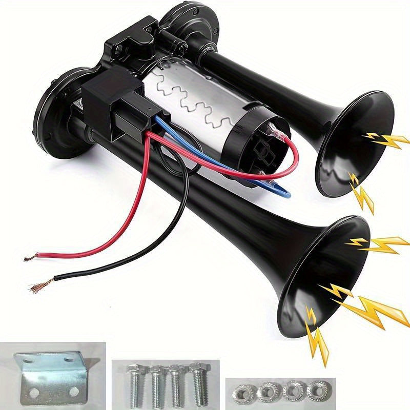 Air Horn Kit 12V 24V Ultra Loud 105-137dB Dual Trumpet Horn with Air Compressor for Truck SUV Motorcycle Boat Train Car Pickup Aluminum Alloy Universal
