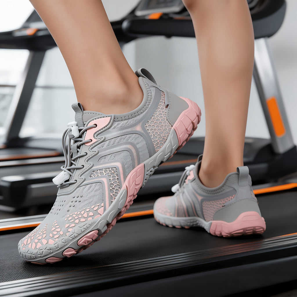 Women's Water Shoes Quick-Dry Aqua Sneakers – Lightweight Breathable Mesh Lace-Up Beach Wading Shoes, Rubber Sole, Striped, Black White Pink, US 6-11