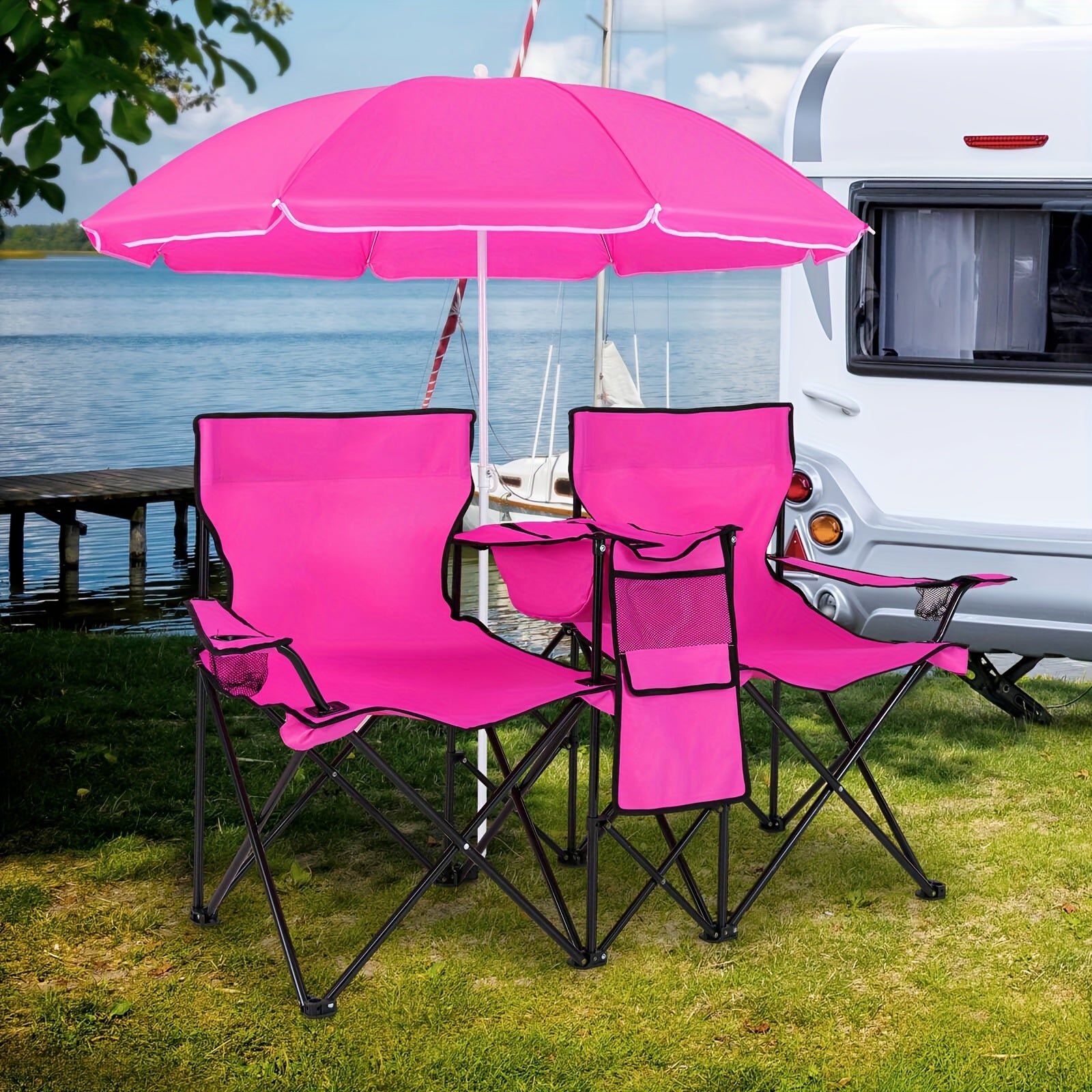 2-Person Folding Beach Chair Set with Umbrella, Table & Cooler Bag – 600 lb Capacity Portable Camping & Picnic Chair Set for Outdoor, Beach & Tailgate