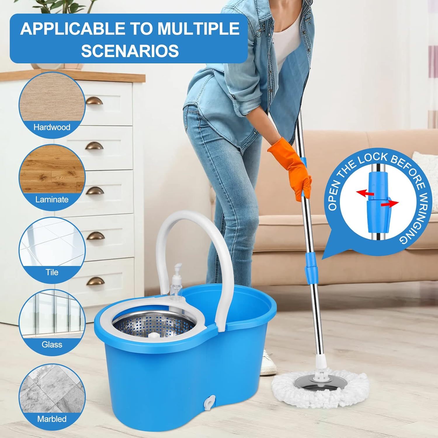 360° Spin Mop and Bucket Set with Wringer - Stainless Steel Handle, Microfiber Refills, Spinning Floor Cleaning System for Hardwood, Tile & Laminate