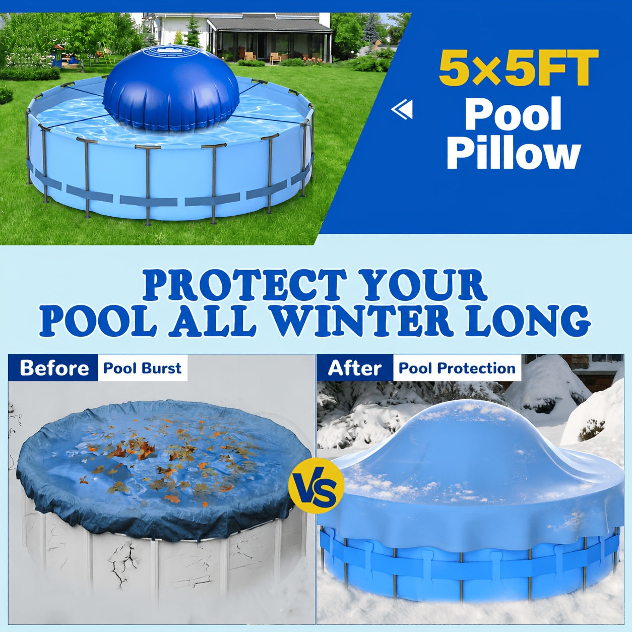 Pool Pillow for Above Ground Pool Winter Cover Air Pillow 0.5mm Thick PVC Cold-Resistant Ice Equalizer with 49.2ft Rope – Winterizing Closing Kit 5FT 6FT 7FT 8FT for Above Ground Pools