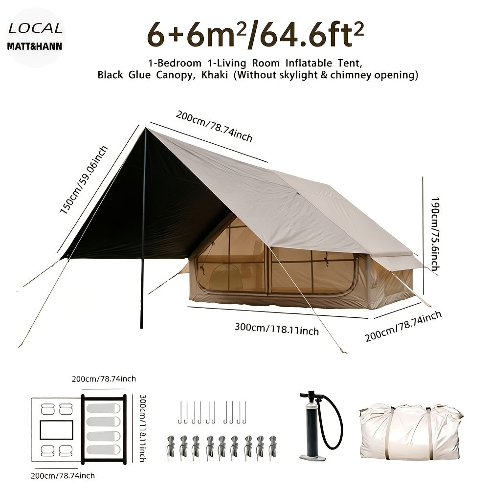 Inflatable Glamping Tent for 4-6 Person – 4-Season Large Luxury Air Tent with Optional Skylight & Stove Jack, Manual Pump Included, Windproof Family Camping Shelter (6.3-12 sqm)