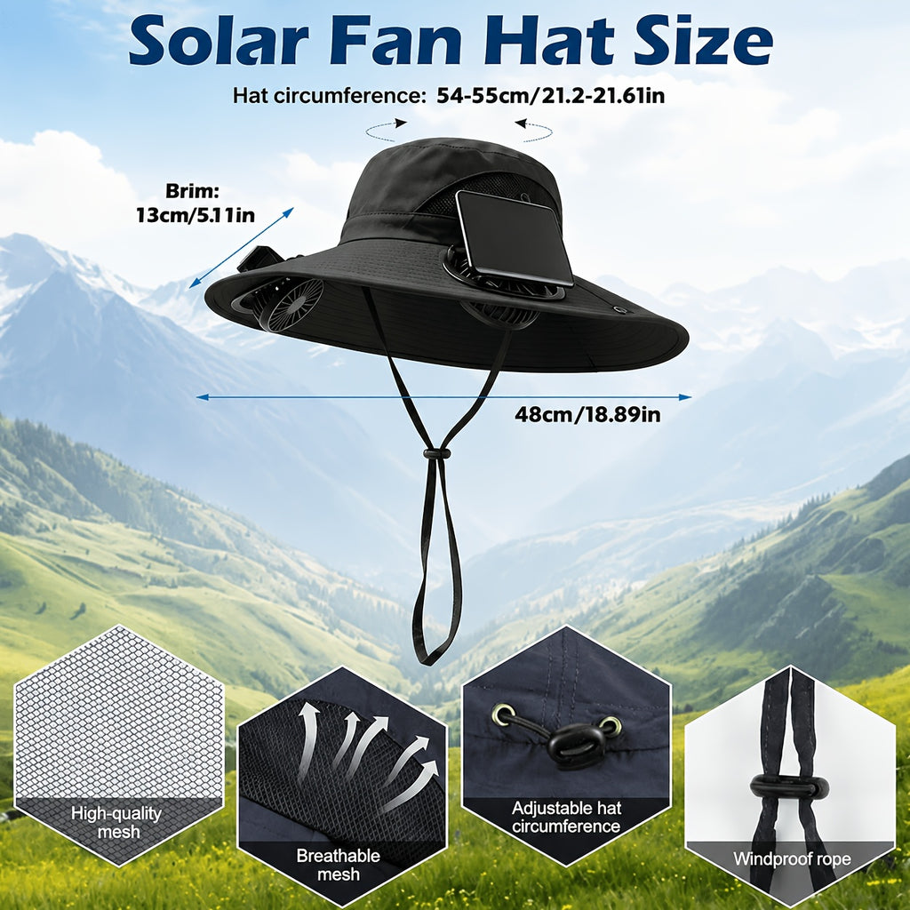 Solar Fan Hat with 2 Built-In Fans – Breathable Wide Brim Sun Hat for Men & Women | Adjustable Wind Speed & Strap for Gardening, Travel, Hiking & Summer Outdoor Activities