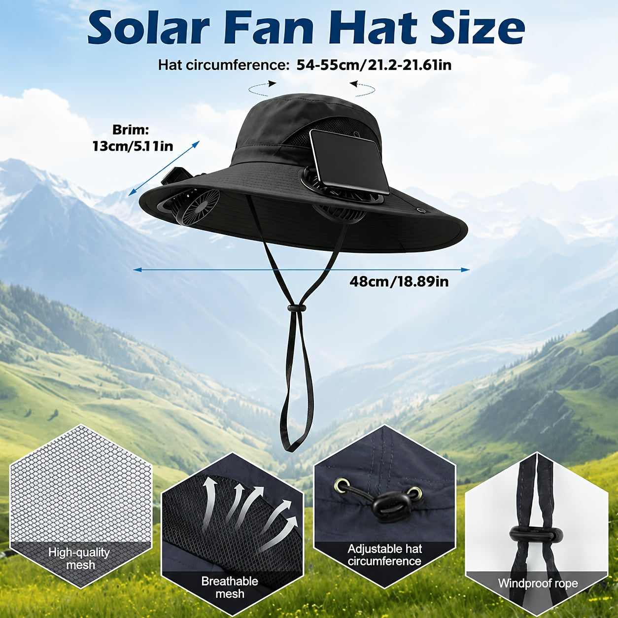 Solar Fan Hat with 2 Built-In Fans – Breathable Wide Brim Sun Hat for Men & Women | Adjustable Wind Speed & Strap for Gardening, Travel, Hiking & Summer Outdoor Activities