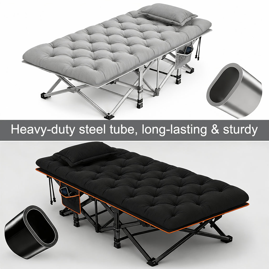 Folding Camping Cot with Mattress & Side Pockets - Heavy Duty Portable Adult Sleeping Bed, Foldable Guest Cot for Camping, Backyard, Patio, Office & RV, Compact Easy Fold