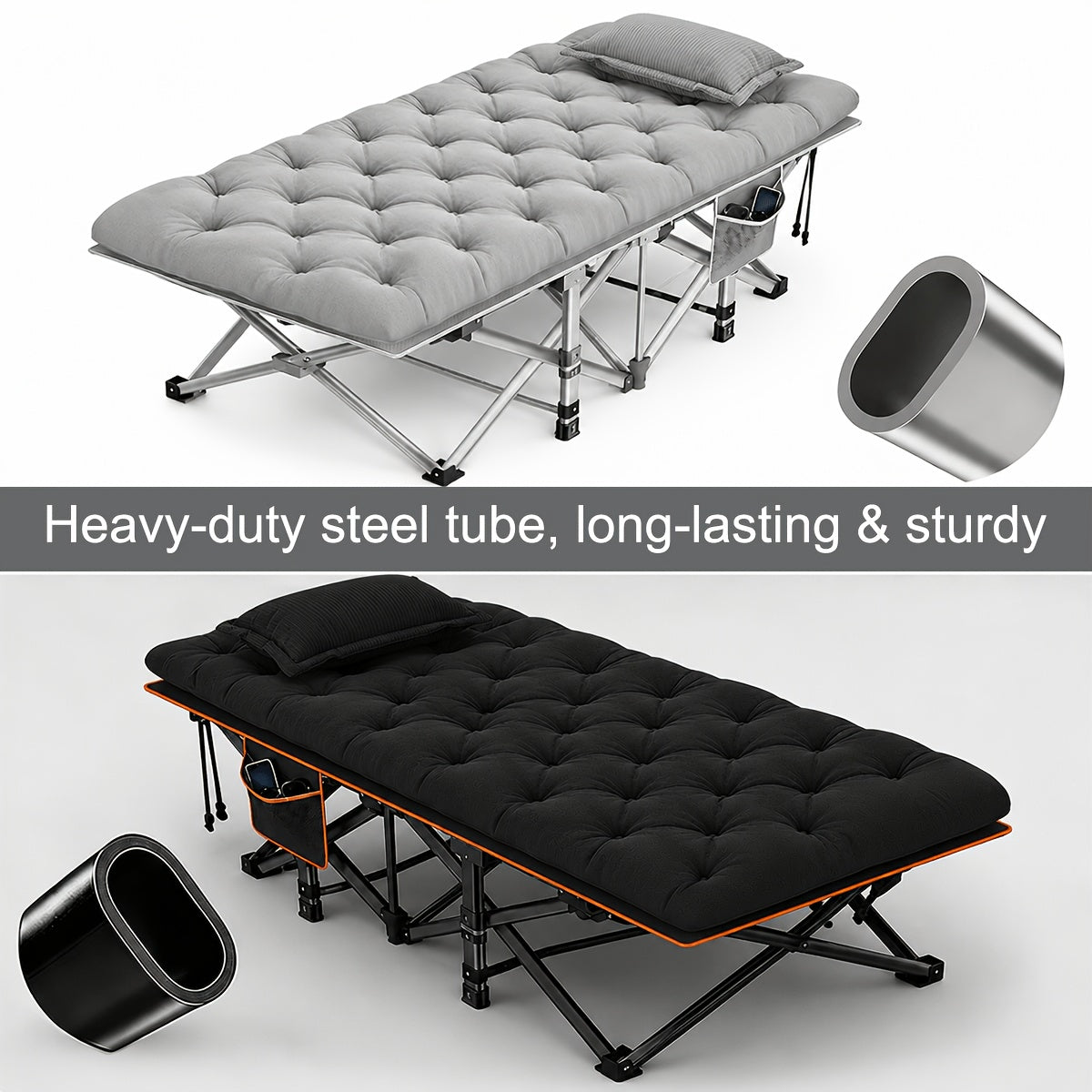 Folding Camping Cot with Mattress & Side Pockets - Heavy Duty Portable Adult Sleeping Bed, Foldable Guest Cot for Camping, Backyard, Patio, Office & RV, Compact Easy Fold