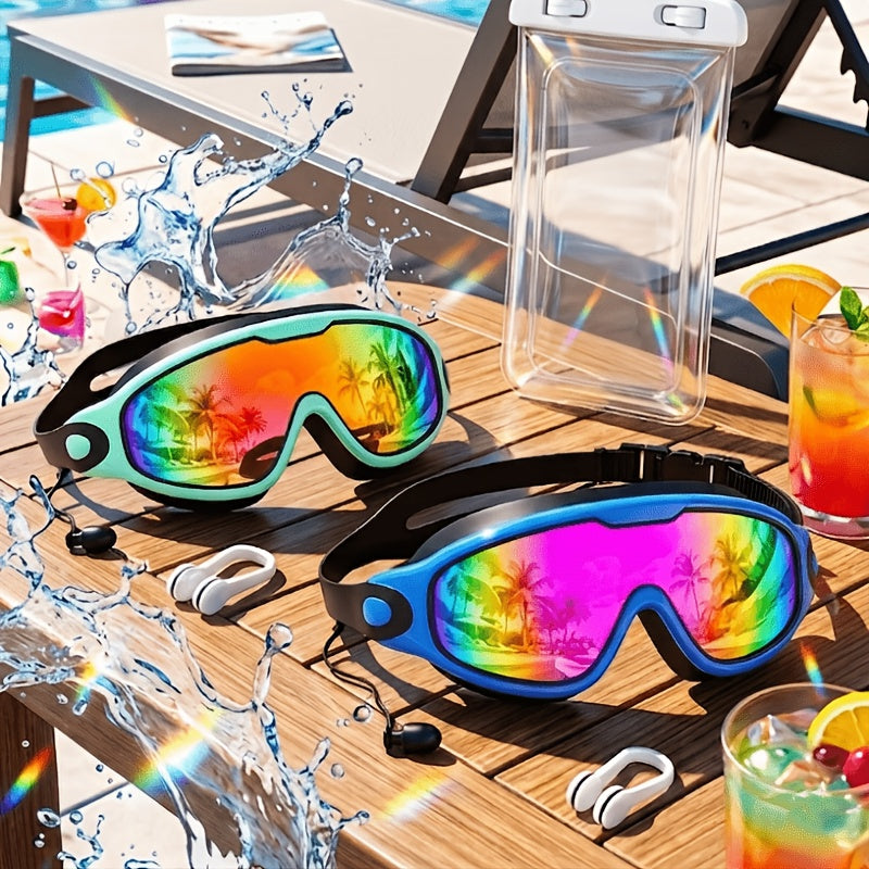 Swimming Goggles Wide View Anti-Fog No-Leak with Mirrored Lens, Earplugs & Nose Clip – UV Protection Swim Goggles for Adults, Men, Women & Youth, Triathlon & Pool