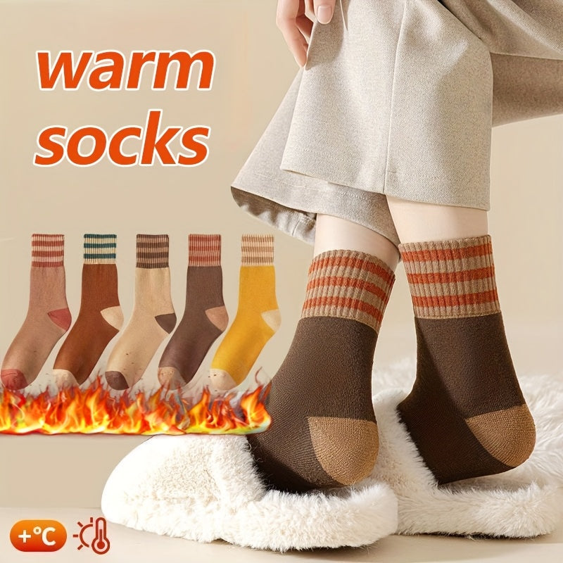 Winter Terry Crew Socks 20 Pairs Mixed Colors – Thick Plush Striped Mid-Calf Ski Snowboard & Cold Weather Socks Elastic Gusset 4 Patterns