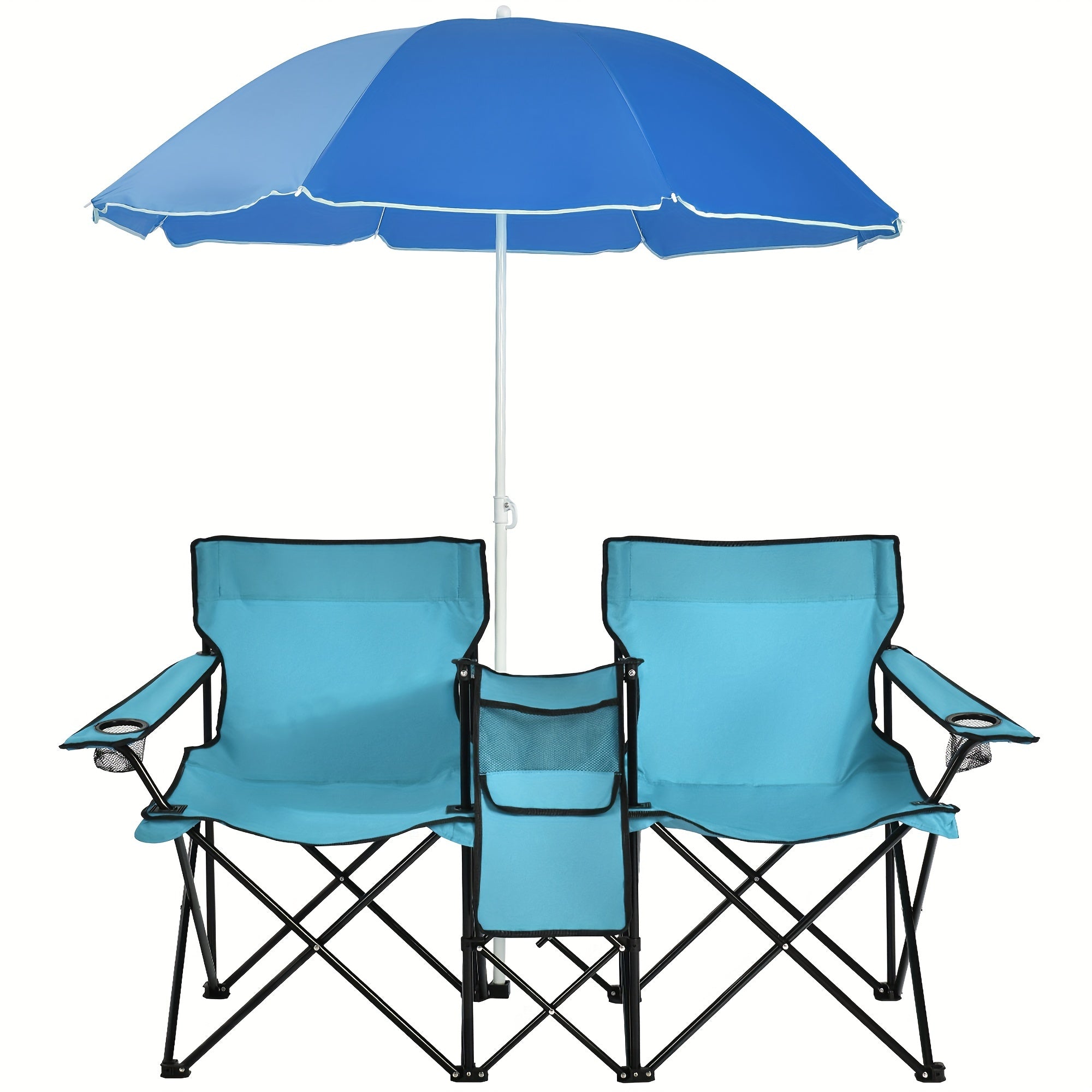 2-Person Folding Beach Chair Set with Umbrella, Table & Cooler Bag – 600 lb Capacity Portable Camping & Picnic Chair Set for Outdoor, Beach & Tailgate