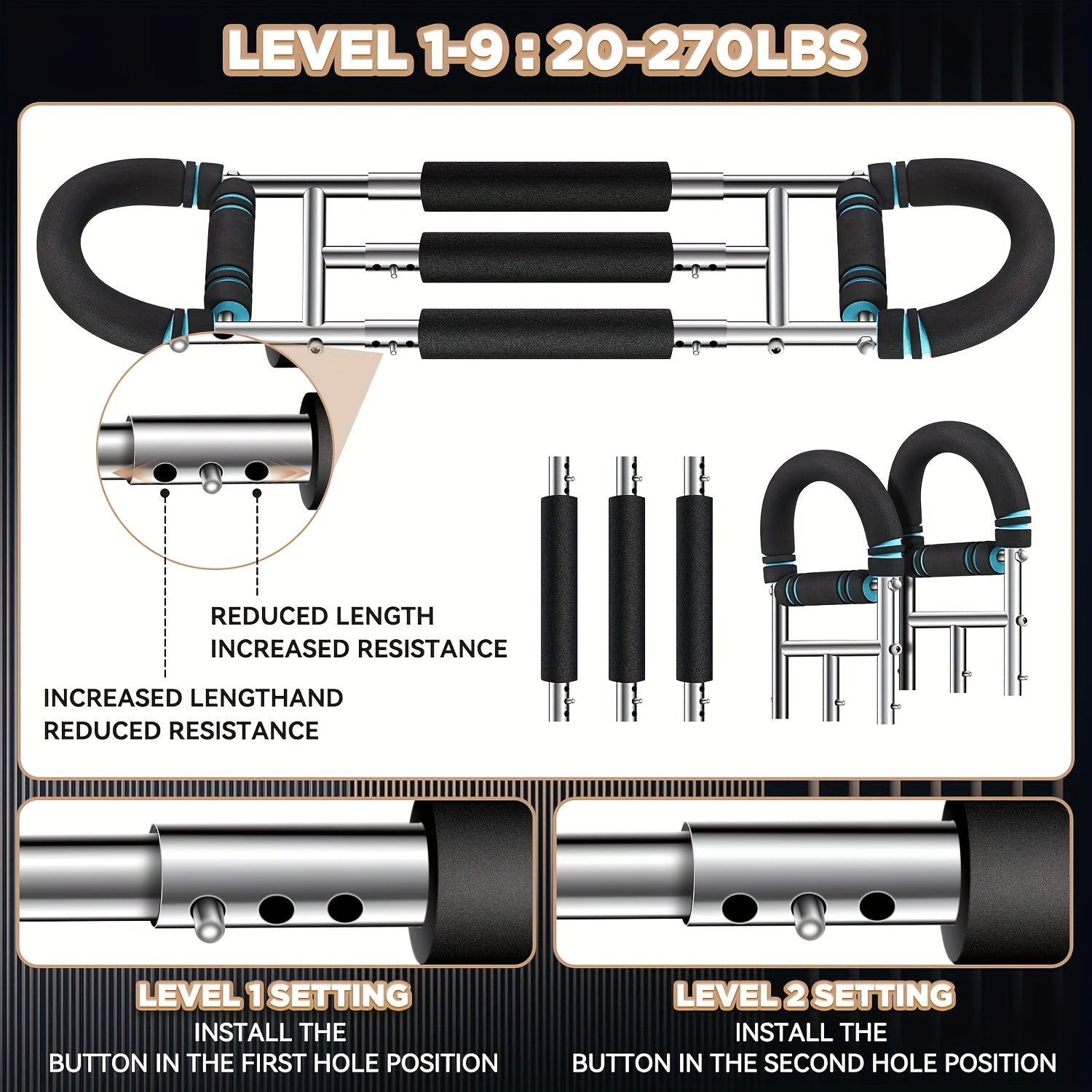 Arm Training Spring Exercise Bar 3-Speed Adjustable Resistance – Forearm Triceps Chest Exerciser Detachable Portable Home Gym Fitness Equipment – Upper Body Strength Trainer for Men & Women
