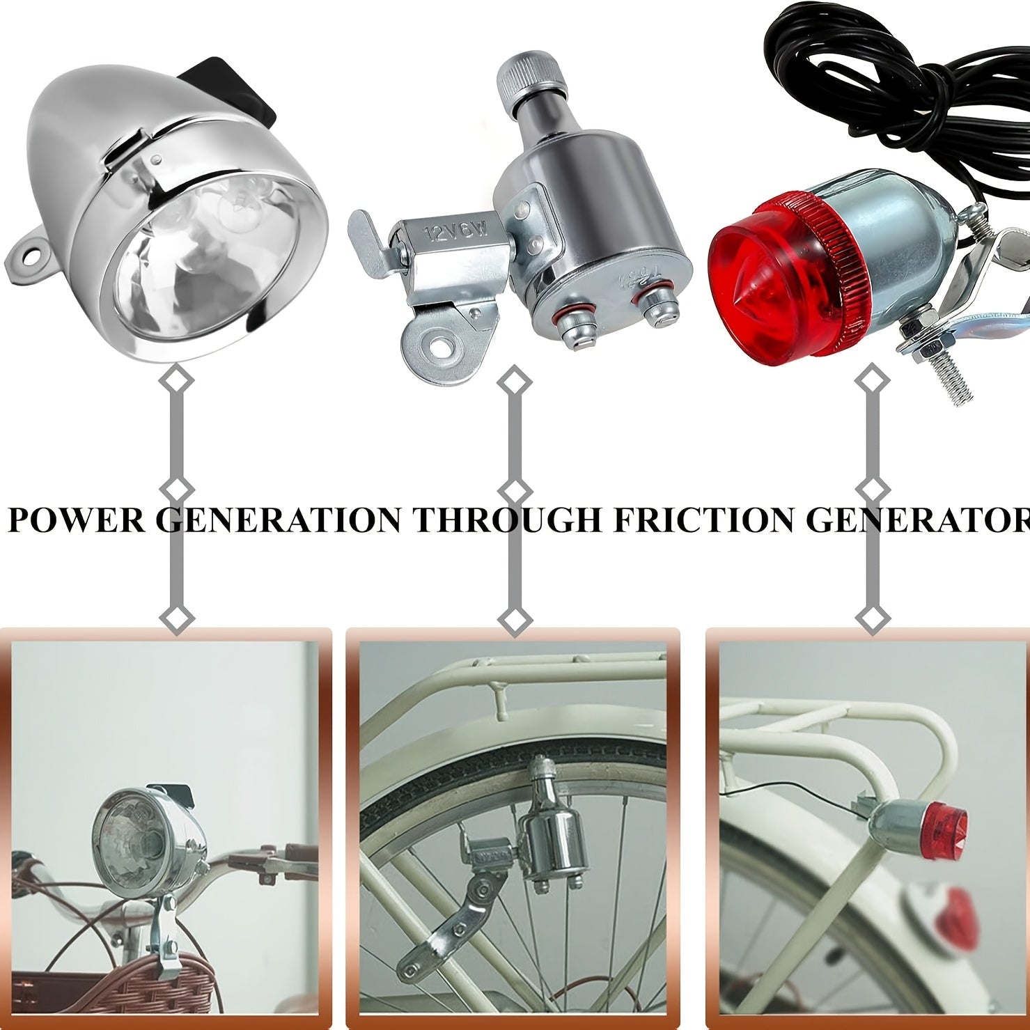 Bicycle Dynamo Headlight Tail Light Kit 12V 6W Friction Generator No Battery Bike Light Set for Mountain Road BMX Folding Electric Kids Cruiser Bikes – Silver