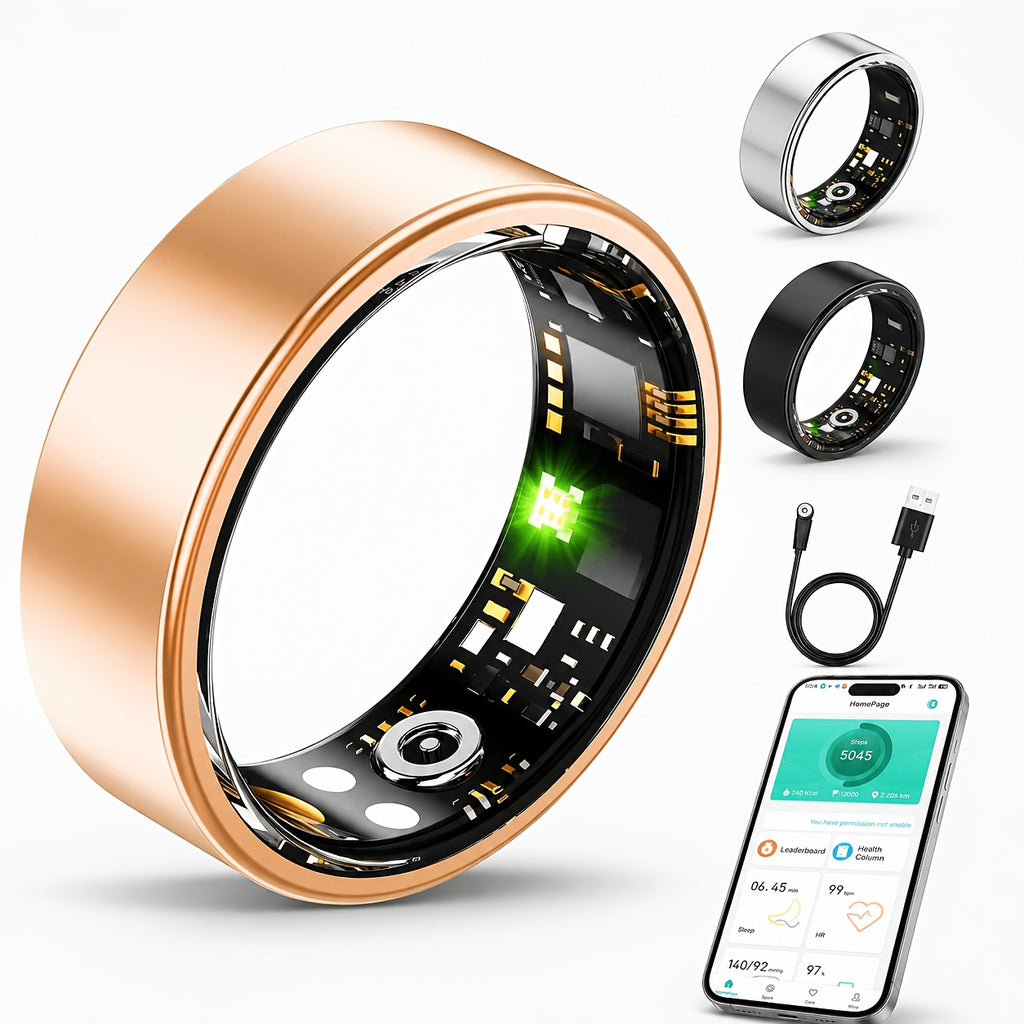 Smart Ring Fitness Tracker Waterproof for Men Women – Sleep Tracking, Pedometer, Calories & Exercise Tracking, Compatible with iPhone Android, Sizes #7-#13, Black Rose Gold Silver