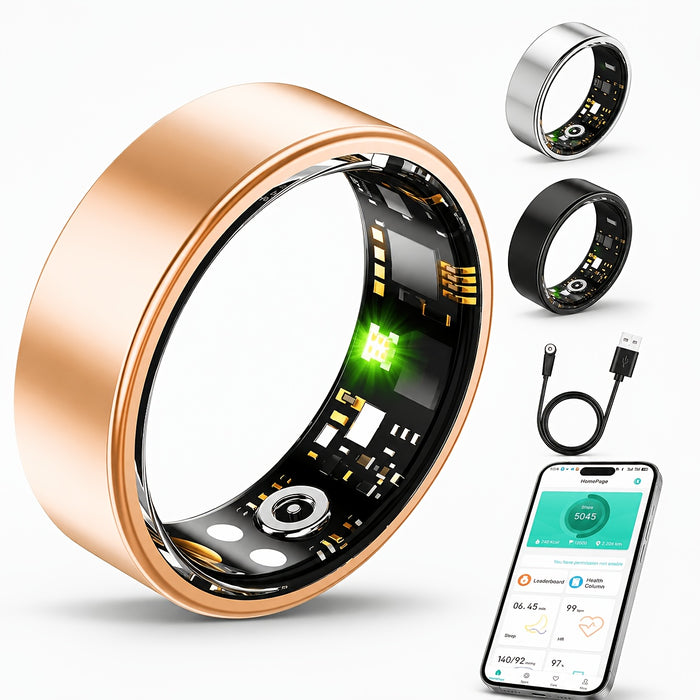 Smart Ring Fitness Tracker Waterproof for Men Women – Sleep Tracking, Pedometer, Calories & Exercise Tracking, Compatible with iPhone Android, Sizes #7-#13, Black Rose Gold Silver