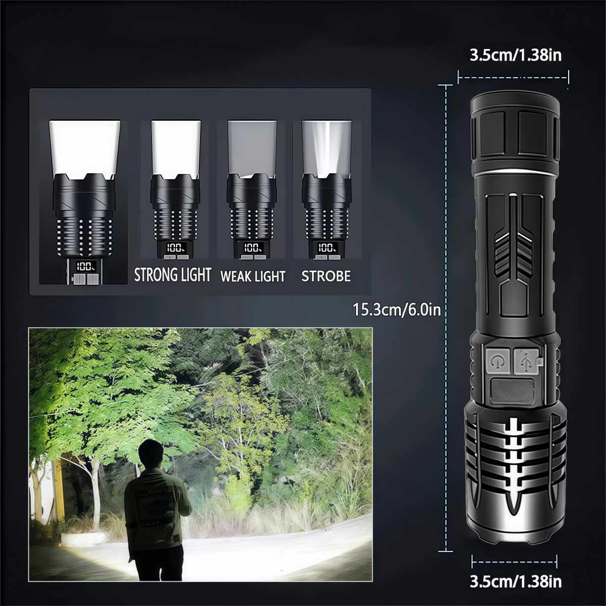 Rechargeable Flashlight Ultra Bright LED Zoomable High Lumens USB Type-C Fast Charging 3 Light Modes Digital Display Tactical Flashlight for Camping Hiking Emergency Hunting 1 2 Pack