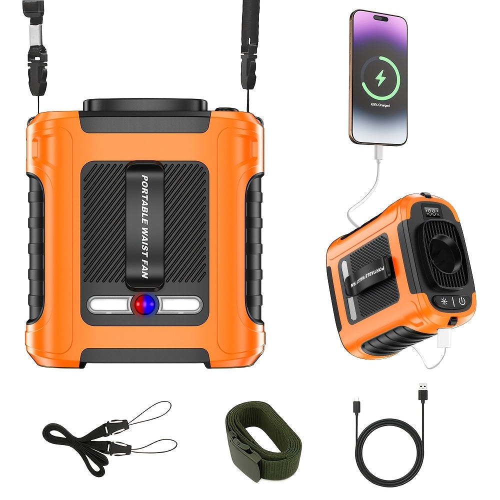 10000mAh Portable Waist Clip Fan Rechargeable Hands-Free Cooling Fan Digital Display LED Flashlight Power Bank for Outdoor Work Camping Hiking