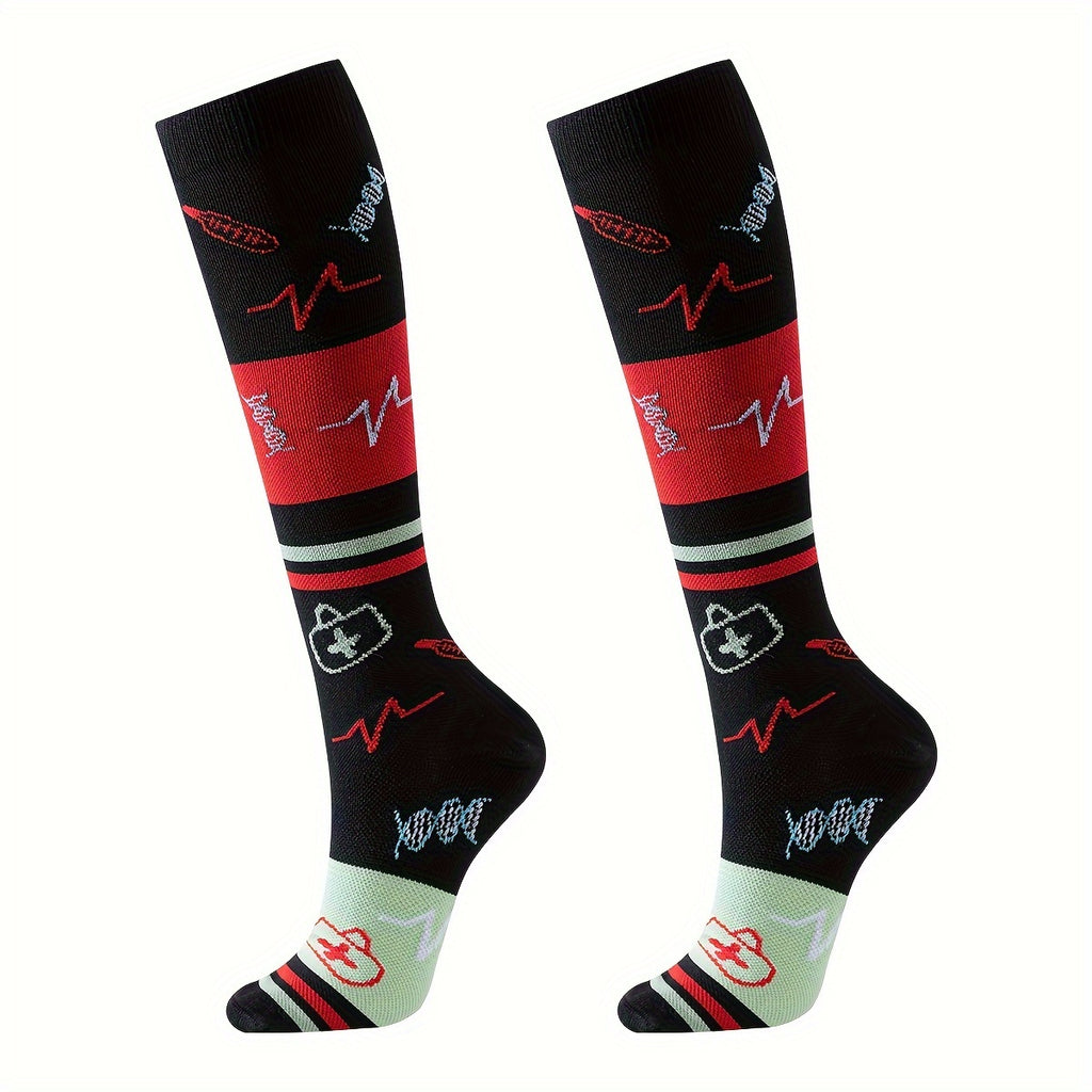 6 Pairs Knee High Compression Socks Unisex Over the Knee Athletic Stockings 65% Nylon Fun Cartoon Pattern for Running Gym Sports Women Men Sizes S/M L/XL