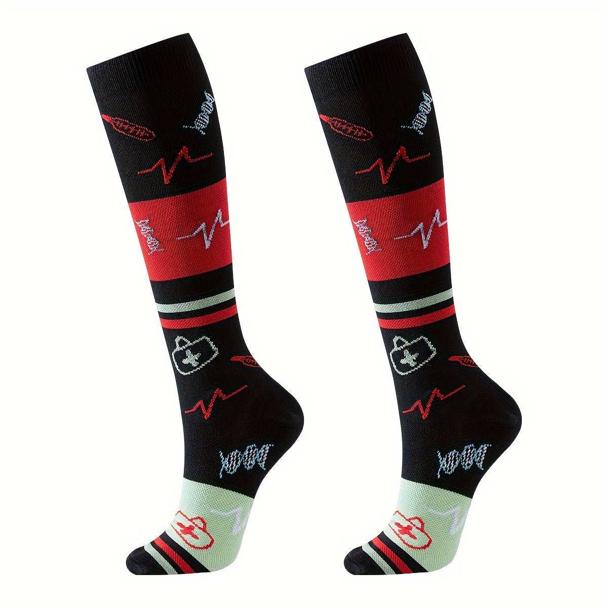 6 Pairs Knee High Compression Socks Unisex Over the Knee Athletic Stockings 65% Nylon Fun Cartoon Pattern for Running Gym Sports Women Men Sizes S/M L/XL
