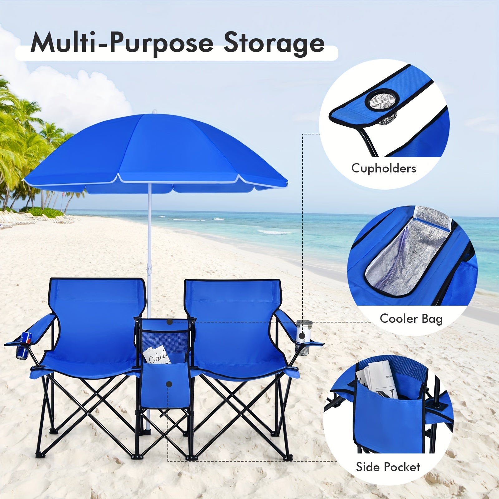 2-Person Folding Beach Chair Set with Umbrella, Table & Cooler Bag – 600 lb Capacity Portable Camping & Picnic Chair Set for Outdoor, Beach & Tailgate