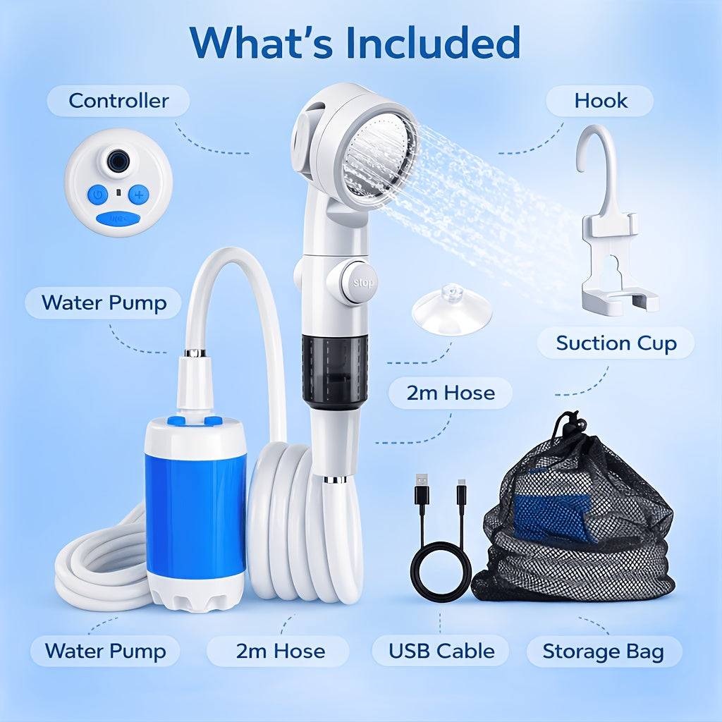 USB Powered Portable Camping Shower Pump with 6.5ft Hose, No Battery Submersible Water Pump for Camping Hiking Beach Pet Bathing Car Washing Garden Watering, Connects to Power Bank or Car Charger
