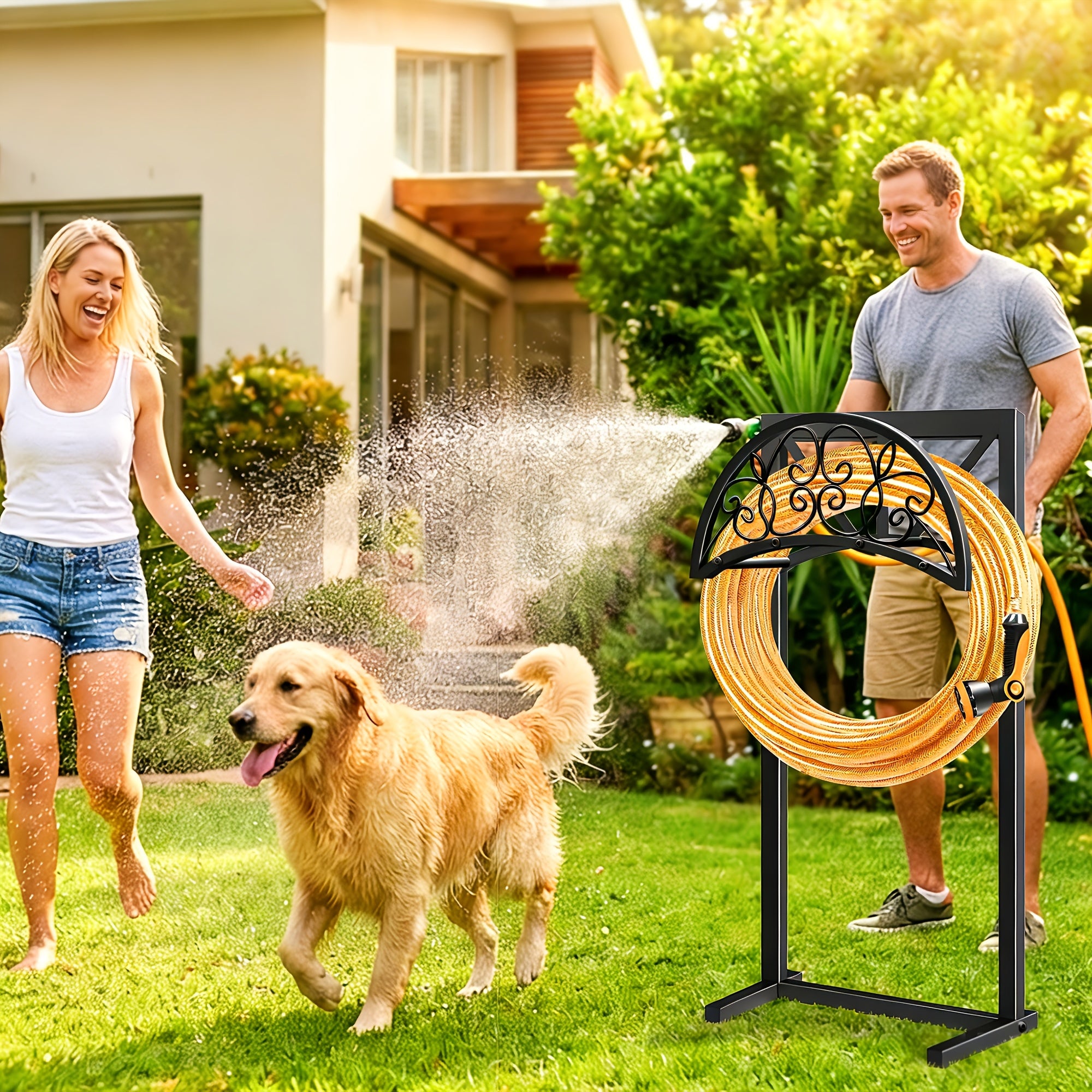 Heavy Duty Metal Garden Hose Holder Freestanding Outdoor Hose Rack Rustproof Ground Stakes for Yard Lawn Patio Garden Backyard