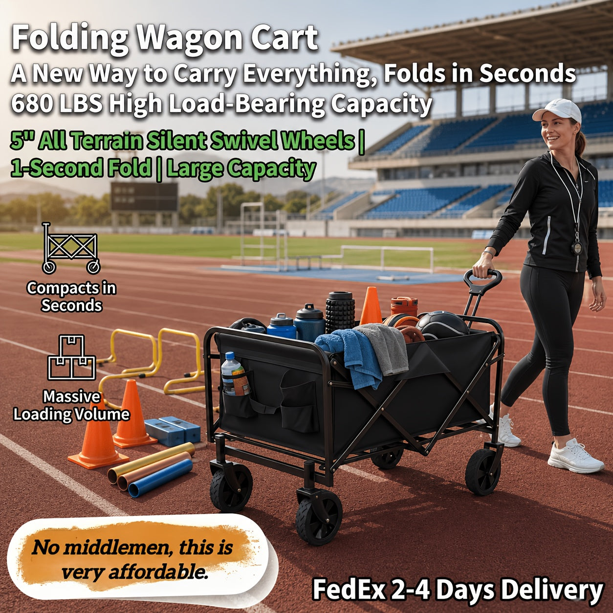 Heavy-Duty All-Terrain Folding Wagon Cart - 220/330/450LBS Capacity, Iron Frame & 800D Oxford Fabric, No Assembly Required for Camping, Beach, Garden & Sports (3 Colors)