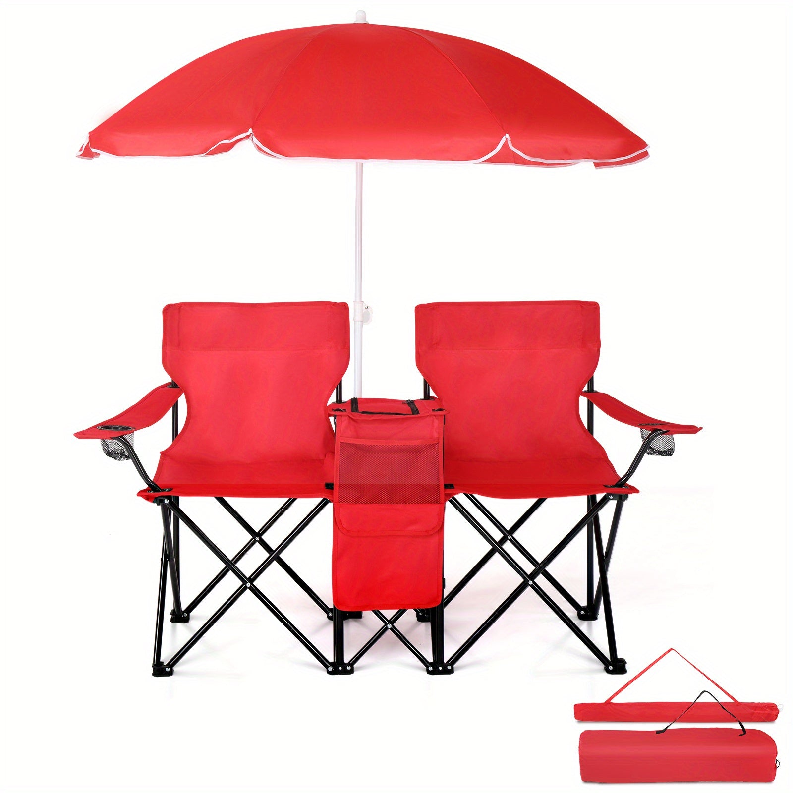Folding Fishing Chair with Sun Umbrella 2-Seat Portable Outdoor Chair - Iron Alloy Frame Oxford Fabric Beach Patio Camping Chair with Storage Bag - Red Black Grey Blue Coconut Pineapple Pattern
