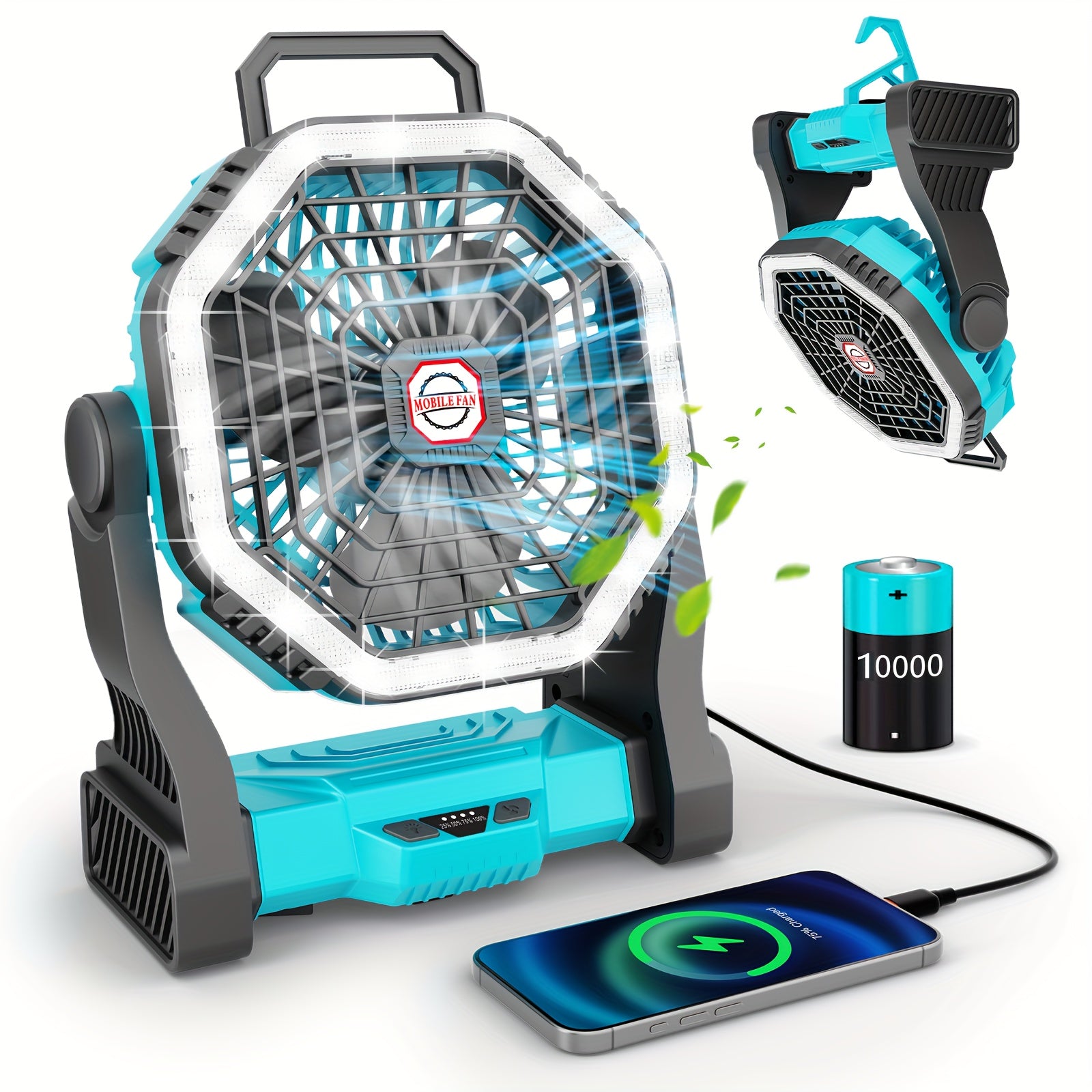 Camping Fan with LED Light Rechargeable USB Battery 4-Speed 3 Lighting Modes Hanging Rope Tent Outdoor Travel Indoor Portable
