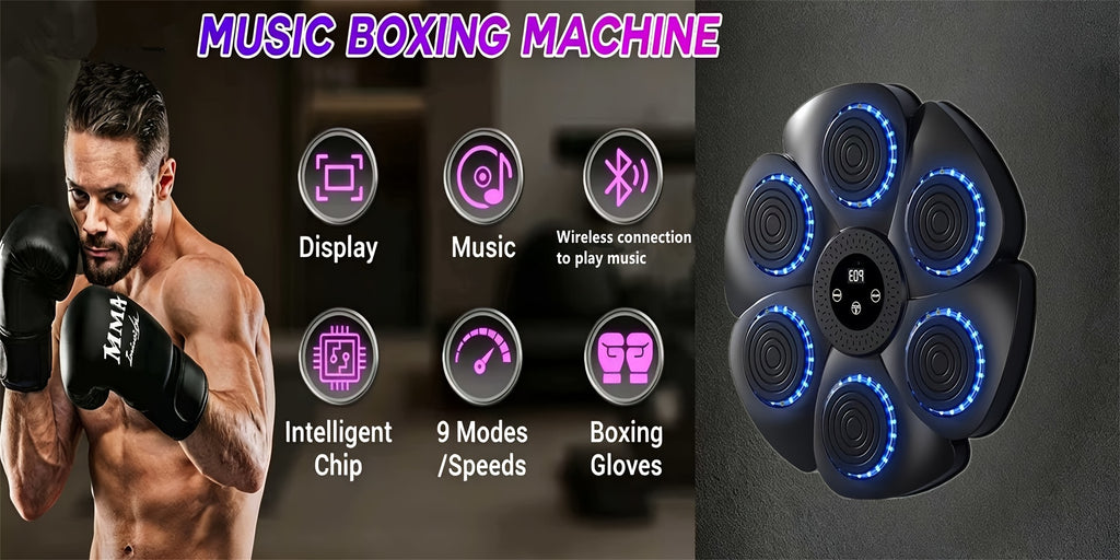 Wall-Mounted Wireless Boxing Machine 9-Speed Adjustable Punch Trainer with Counter LED Lights & Wireless Music – 6 Target Positions Home Gym Boxing Trainer with Gloves – Smart Boxing Pad for Adults
