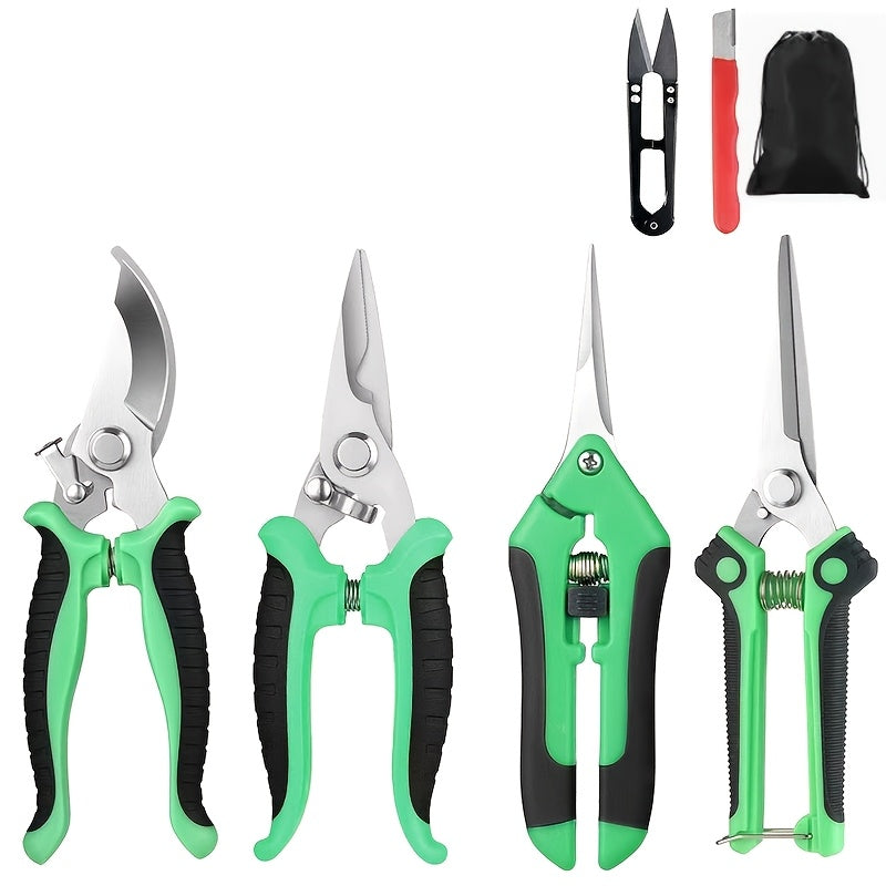Garden Pruning Shears Set 6-Piece - Stainless Steel Bypass Pruners, Ergonomic Non-Slip Handles, Fruit Picker Branch Cutter Lawn Trimming Tree Care Kit for Men Women
