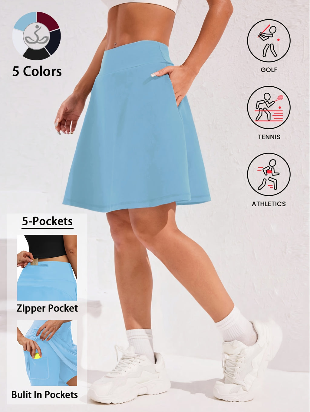 Women's Knee-Length Skort 20-Inch High Waist with 5 Pockets Built-In Shorts Long Athletic Skirt for Tennis Golf Workout Casual Wear S-XXL